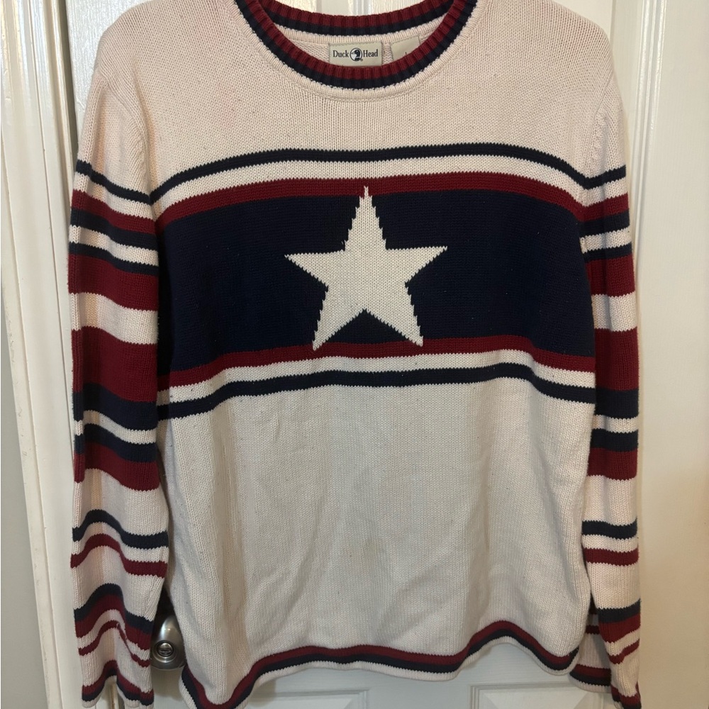 Duck Head Cream Sweater with Red and Navy Trim